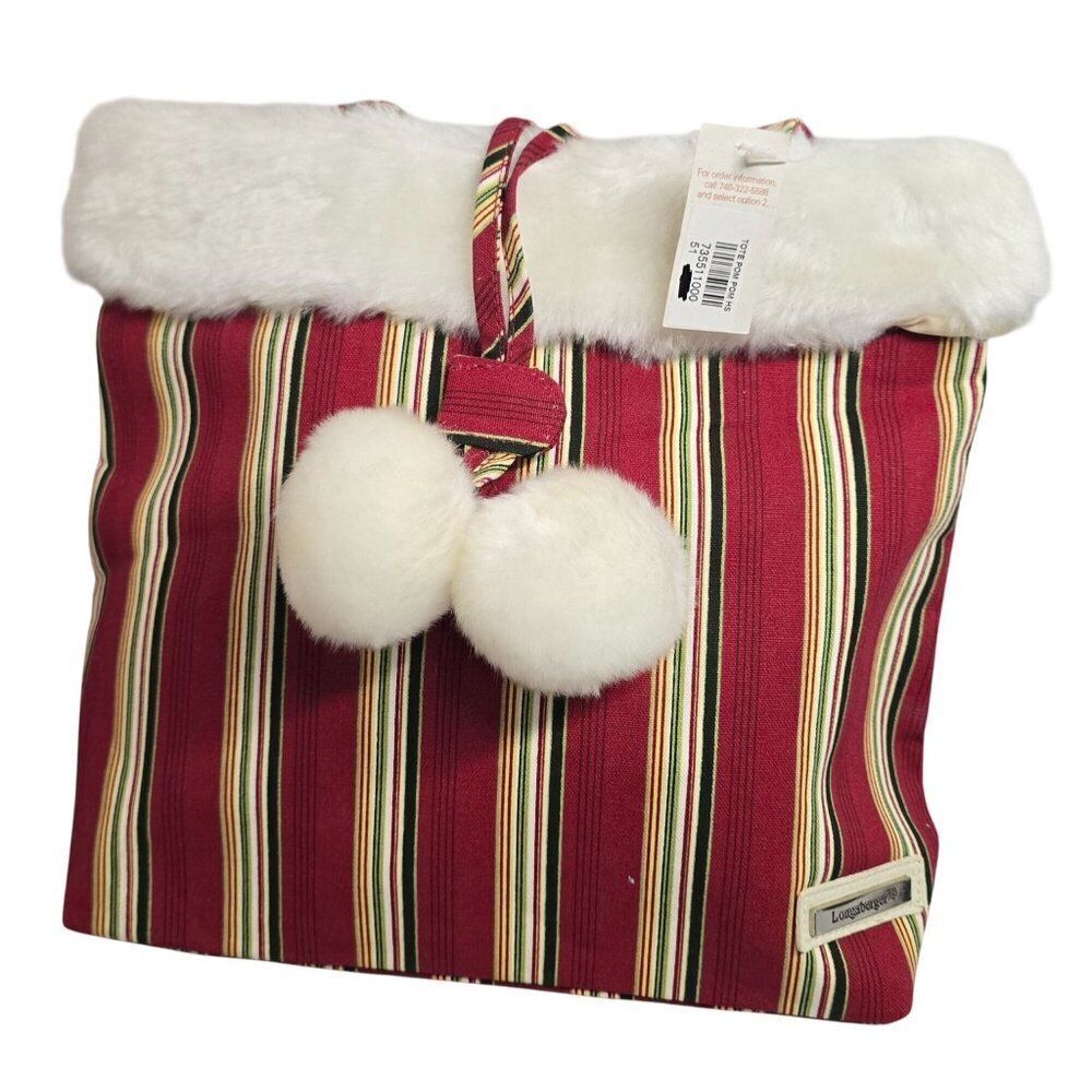 Vintage Longaberger Red Striped Tote Bag With Faux Fur Trim & Pom-Poms